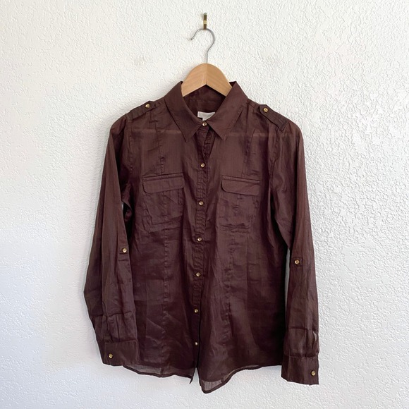 Chico's Tops - Chico's Brown Ramie Cotton‎ Button Down Roll Tab Long Sleeve Shirt Semi-Sheer
